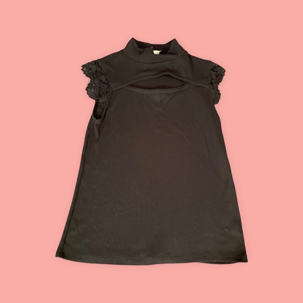 Generation Love Keyhole Top with Mock Neck and Lace Detail on Sleeves